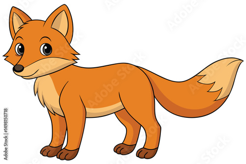 Cartoon Fox with Orange Fur and Black Outline Standing Calmly with Curved Tail