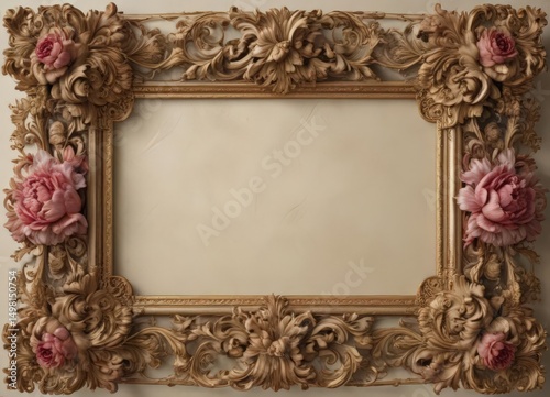 Ornate Baroque frame; scrolling acanthus leaves, roses, peonies, calligraphic swirls , pattern, frame