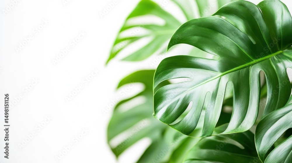 Fototapeta premium Green Monstera Leaf Close-Up on Bright White Background