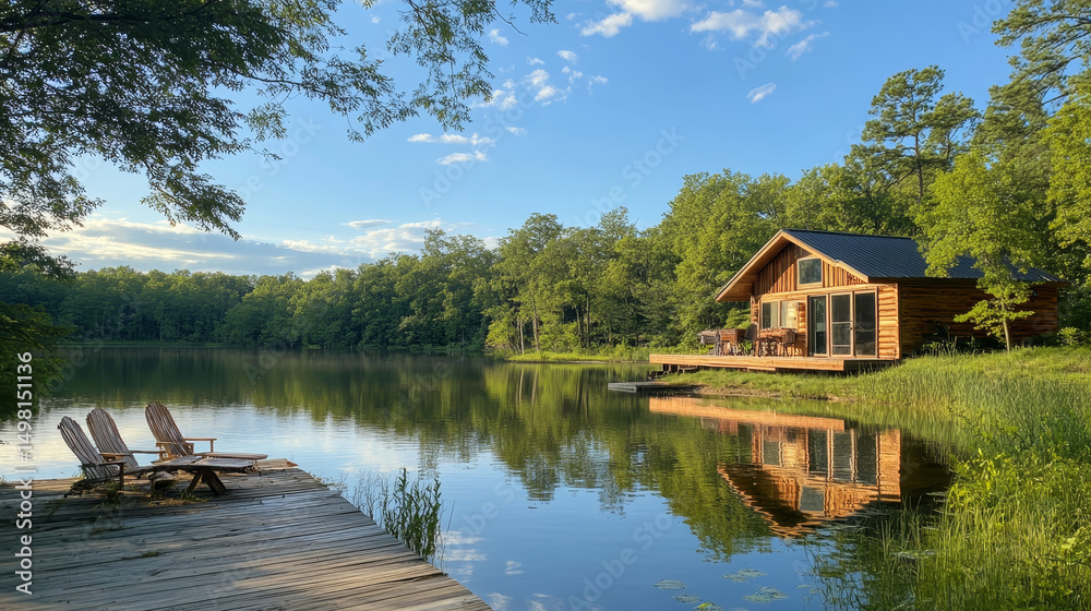 Obraz premium Tranquil summer escape featuring a rustic cabin on the edge of a quiet lake.