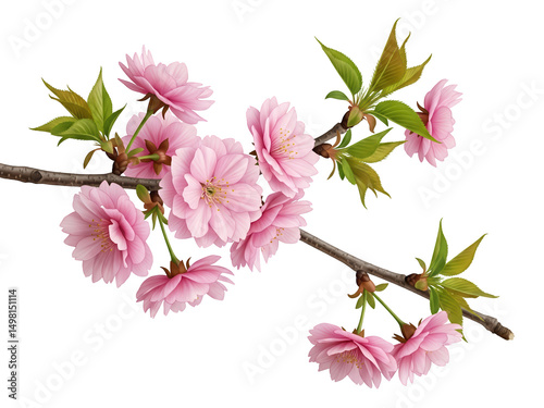A realistic cherry blossom branch with multiple soft pink flowers and small green leaves, slender dark brown stem, botanical style, isolated on a transparent background.