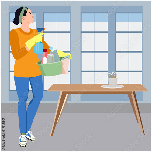 girl in a room with large windows cleaning