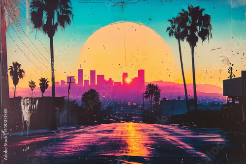 An 80's lo-fi style collage of a sunset with a view of the city, road, palm trees