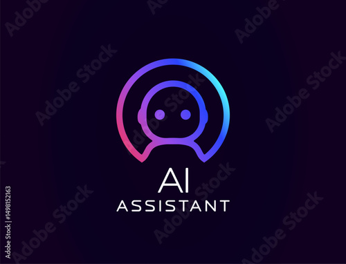 AI assistant logo with friendly robot avatar in headset, glowing gradient outline. Ideal for virtual help tools, customer support bots, tech branding. Vector illustration.