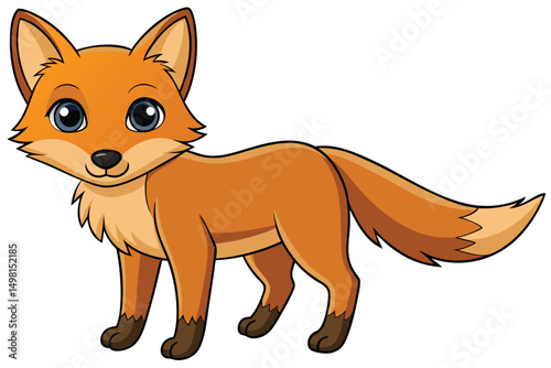 Cartoon Fox with Orange Fur, Bushy Tail, and Big Blue Eyes Stands Smiling