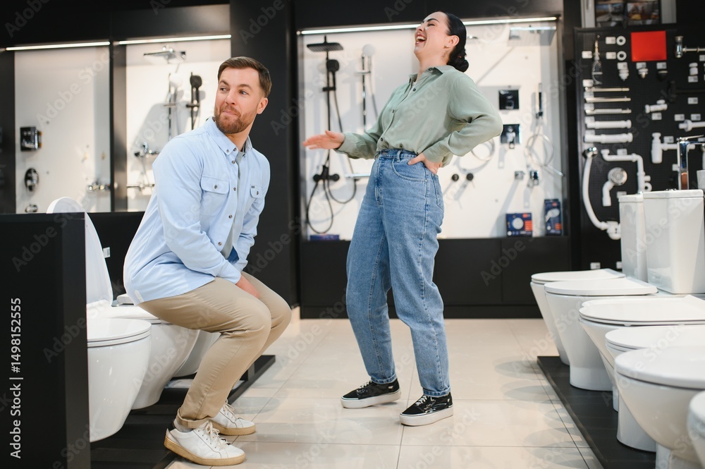 Obraz premium Couple having fun choosing toilet in bathroom fixtures store