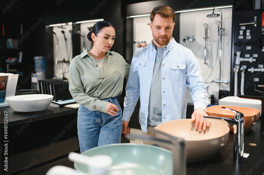 Obraz premium Couple choosing bathroom sink in plumbing store