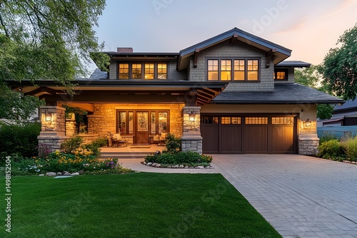 Luxury suburban home in craftsman style architecture with warm lighting