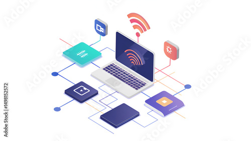 Isometric illustration of a laptop with wifi symbol surrounded by various tech icons on a white background