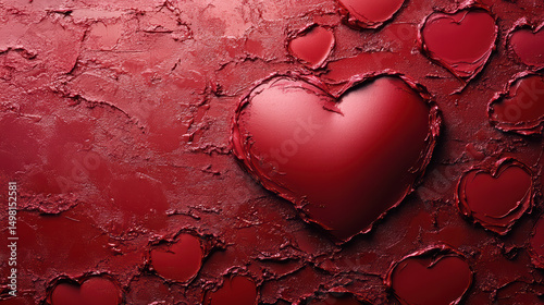 Valentine's Day - Textured Hearts of Love: A rich, crimson canvas reveals a multitude of heart shapes, the central heart rising in prominent relief, alluding to love's warmth and textured depth. photo