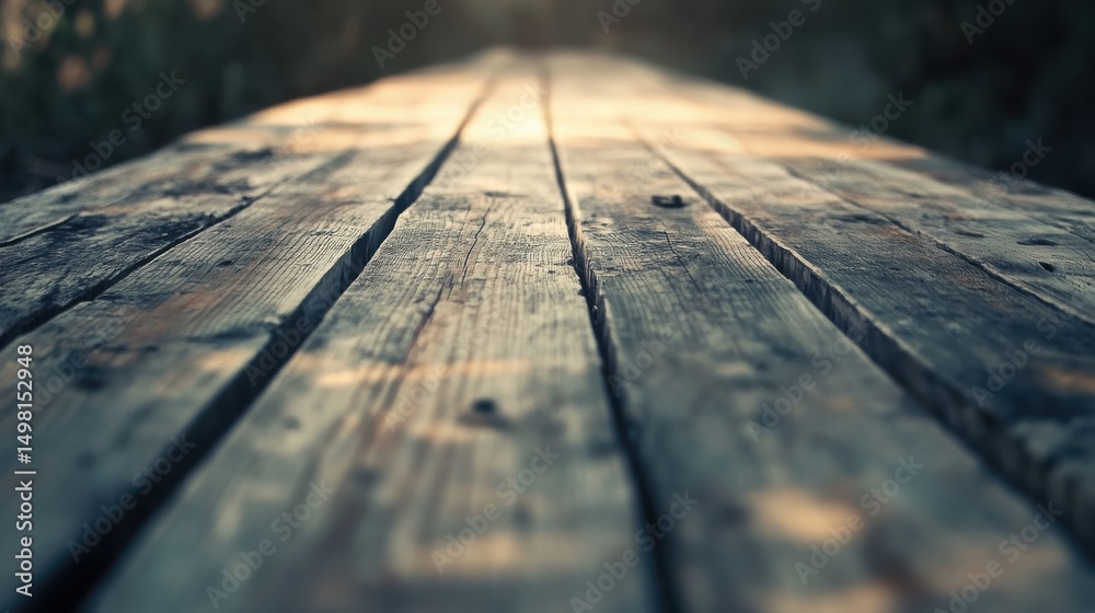 Obraz premium Close-up View of Weathered Wooden Plank Pathway in Nature Light