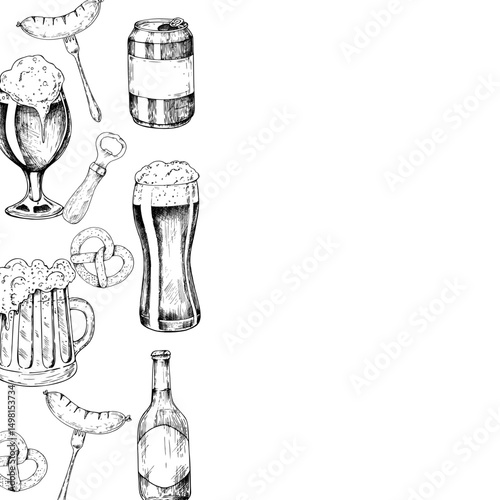 Vector grilled sausage on fork frame, logo, menu, template. Bavarian pretzel, Brezel with salt. Graphic German bottle of beer, bratwurst illustration isolated on background. Hand drawn line sketch
