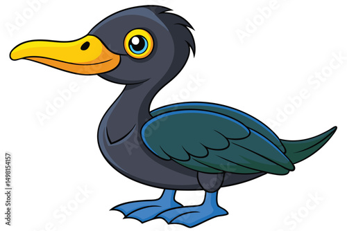 Cartoon Duck Illustration Dark Plumage, Yellow Beak, and Bright Blue Feet Detail