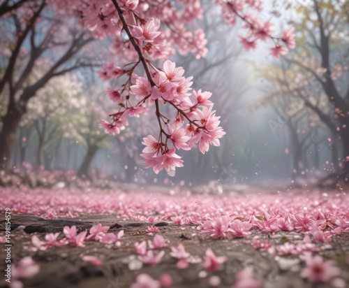 Floating pink sakura petals against a dreamy, out-of-focus spring scene ,  cherry,  blossom,  blossom petals