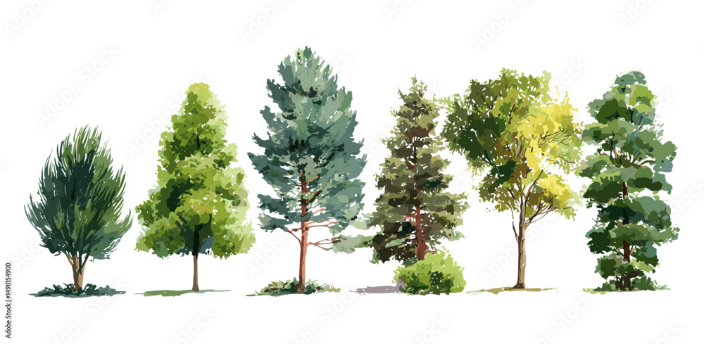 Watercolor tree side view vector illustration for landscape and architecture, botanical garden elements, environment drawing, section plans, natural green foliage, urban landscaping, eco design.