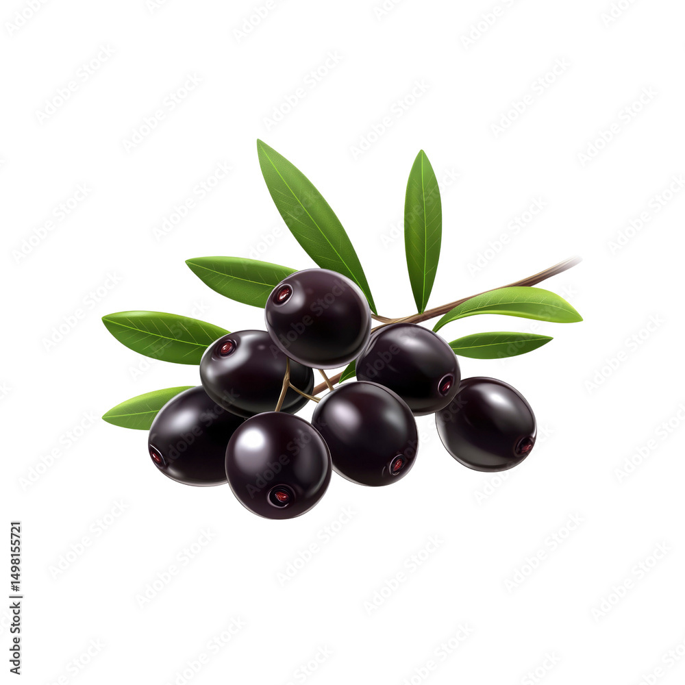 Lush Branch of Ripe Black Olives with Green Leaves Lush Branch of Ripe Black Olives with Green Leaves