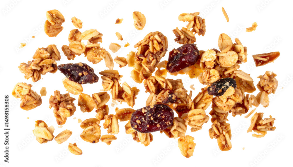 Obraz premium Granola chunks and cranberries falling on transparent background