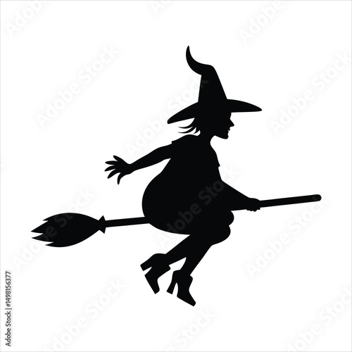 Witch on broomstick silhouette