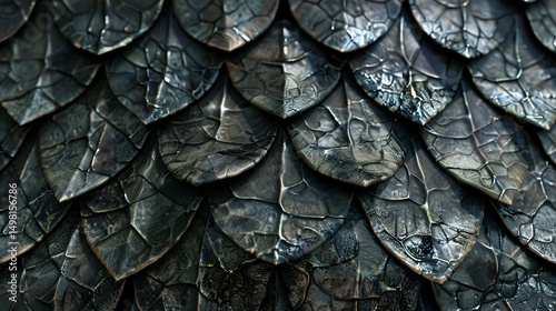 A detailed close up of overlapping dark metallic scales with a textured and weathered appearance