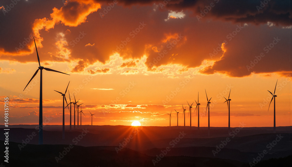Obraz premium Wind turbines silhouetted against sunset sky with dramatic clouds 