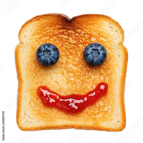 Smiley face toast with blueberry eyes and jam smile isolated on transparent background