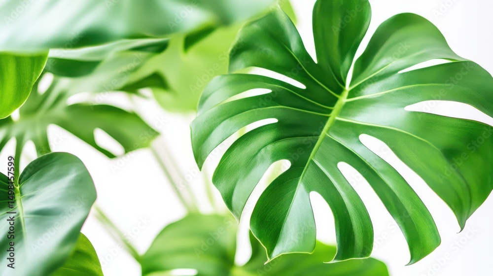 Fototapeta premium Lush Green Monstera Leaves Against Bright Background for Decor