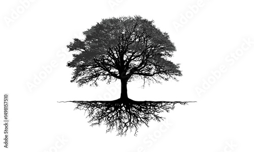 Tree with root silhouette vector illustration black and white, nature ecosystem logo, environmental graphic, sustainable living symbol, botanical design, earth connection concept png.