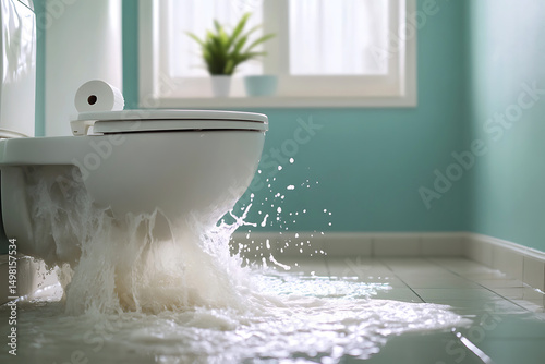 A close-up shot of a toilet overflowing onto a tiled bathroom floor, illustrating a water damage scenario in a residential bathroom.