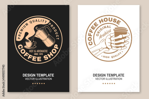 Set of Restaurant and Coffee shop flyer, poster, banner design. Vector. Concept for cafe and restaurant logo, brand, label with human skeleton hand holding coffee cup, cup coffee maker. International