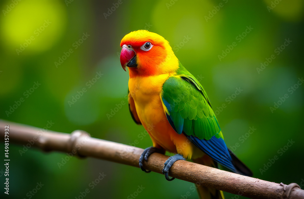 Obraz premium Green parrot on a branch close-up. Lovebird parrot in the wild.