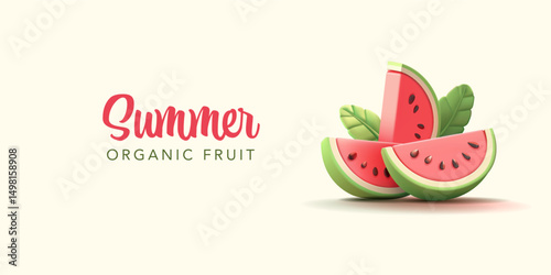 Summer watermelon, cut into pieces, and leaves, 3D. Organic natural fruit. For concepts of summer, rest, vitamins, desserts, and promotional offers. Vector illustration.