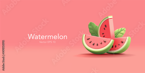 3D realistic watermelon pieces, leaves. For concepts of natural farm fruit, juices, ingredients, and dessert. Summer, vacation. Vector illustration.