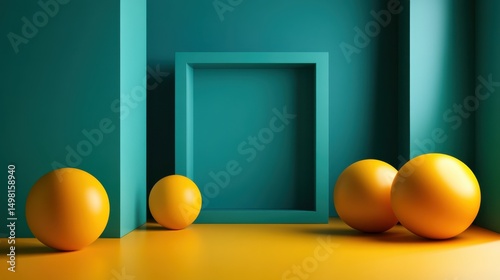Abstract Composition of Yellow Balls and Turquoise Structure Design