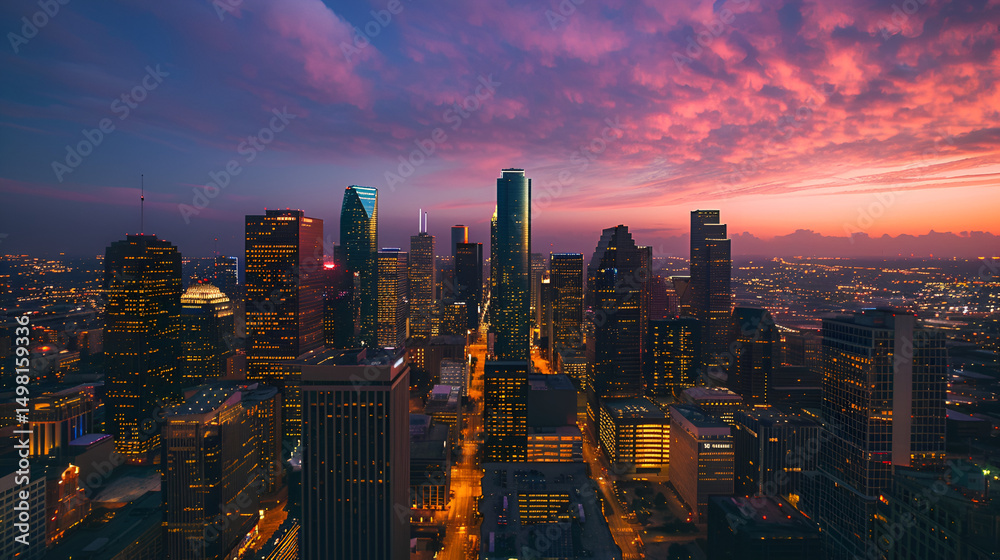 Obraz premium Aerial view of a city skyline at dusk with illuminated buildings and a colorful sky above the city