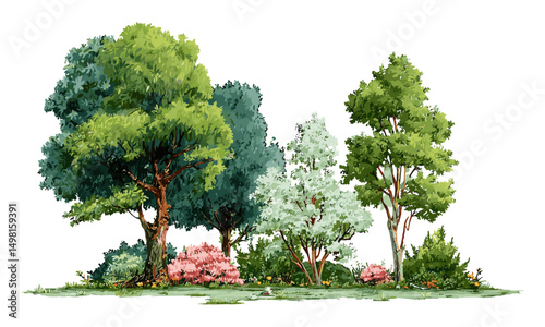 Vector illustration, forest flowers and trees, small grove in woodland, nature landscape, eco environment, leafy plants, wild greenery, scenic foliage, botanical scene, cutout.