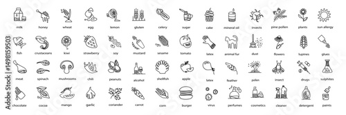  Vector set of outline icons representing common allergens: food, environmental, chemical, cosmetic. Perfect for use in packaging, health and safety labeling, medical infographics, allergy guides.