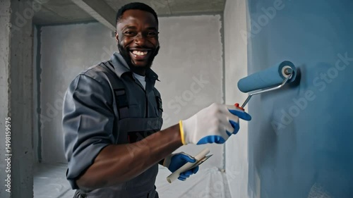 positive african american master paints wall, apartment renovation