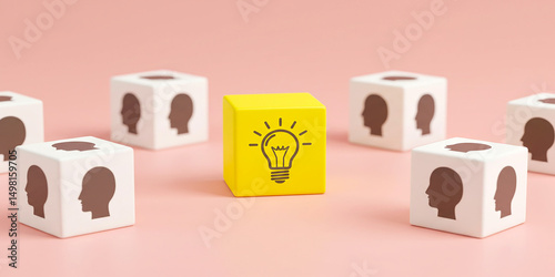 Spotlighting Innovative Thinking A Vibrant Yellow Cube with a Lightbulb Amongst Muted Head on transparent background