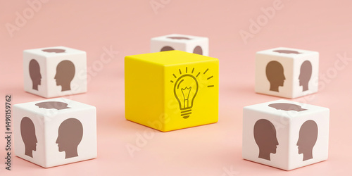 A bright yellow cube sparking fresh ideas surrounded by collaborative discussion cubes against on transparent background