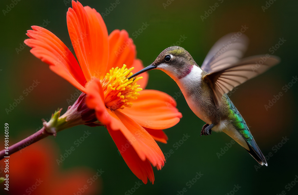Fototapeta premium Hummingbird drinks nectar from a red flower. Hummingbird close-up. Red flower and bird.