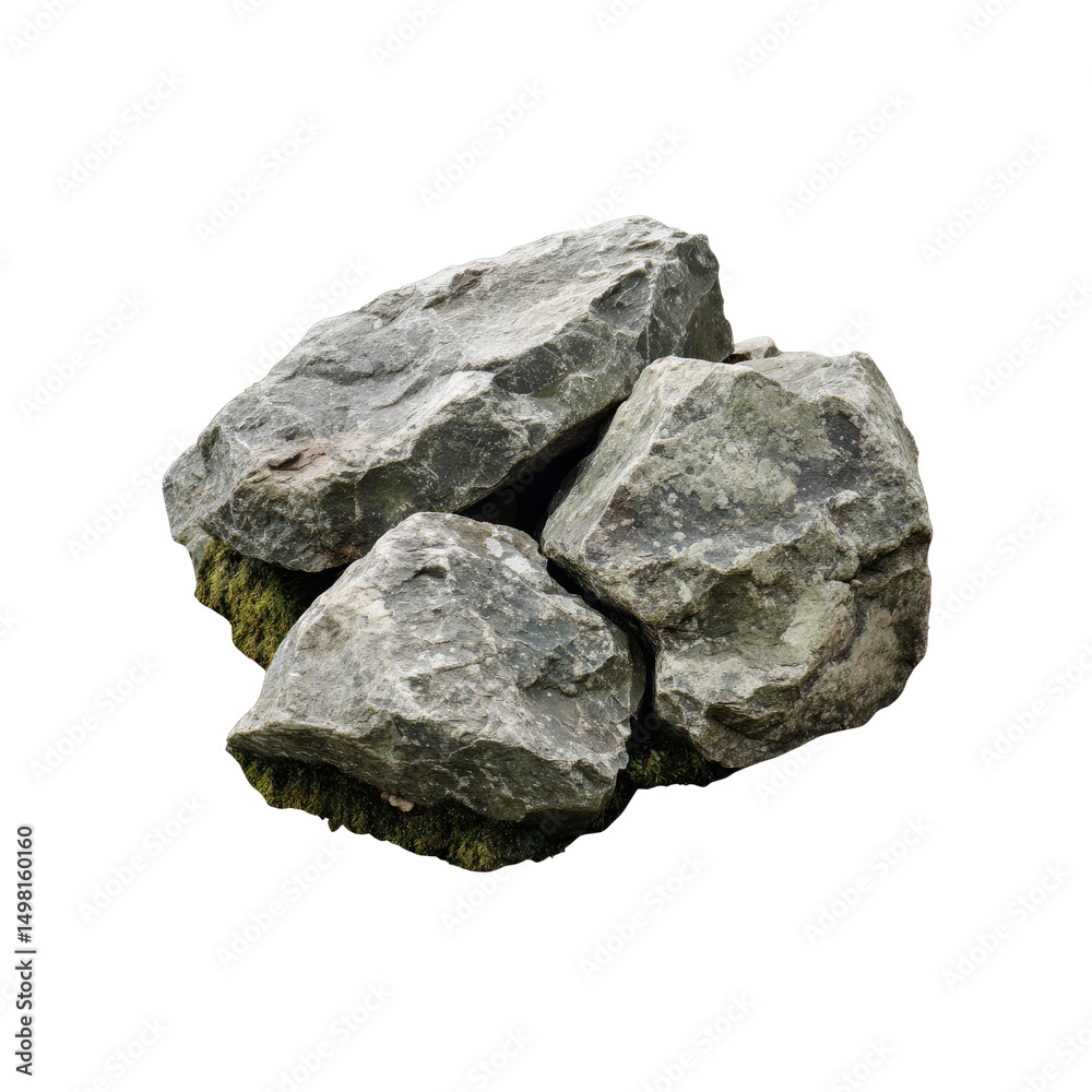 Obraz premium Three Grey Rocks with Moss Isolated on Transparent Background