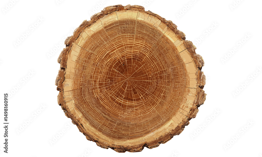 Cross-section tree trunk, slice of felled wood, annual growth rings, timber texture, stump illustration, bark pattern, nature detail, vector illustration, cutout.
