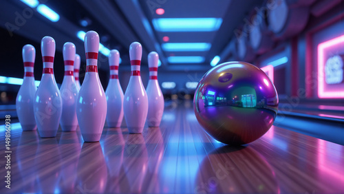  Bowling Alley with Glossy Pins and Chameleon Ball - Generative AI