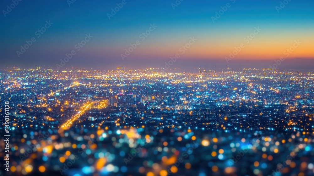 Fototapeta premium Aerial View of Cityscape at Dusk with Colorful Lights and Twilight