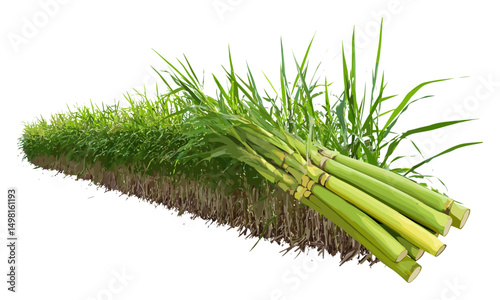Vector illustration of sugar cane with cutout, tropical crop, natural sweetener plant, fresh harvest, botanical farming, raw cane sticks, agricultural produce, healthy food.