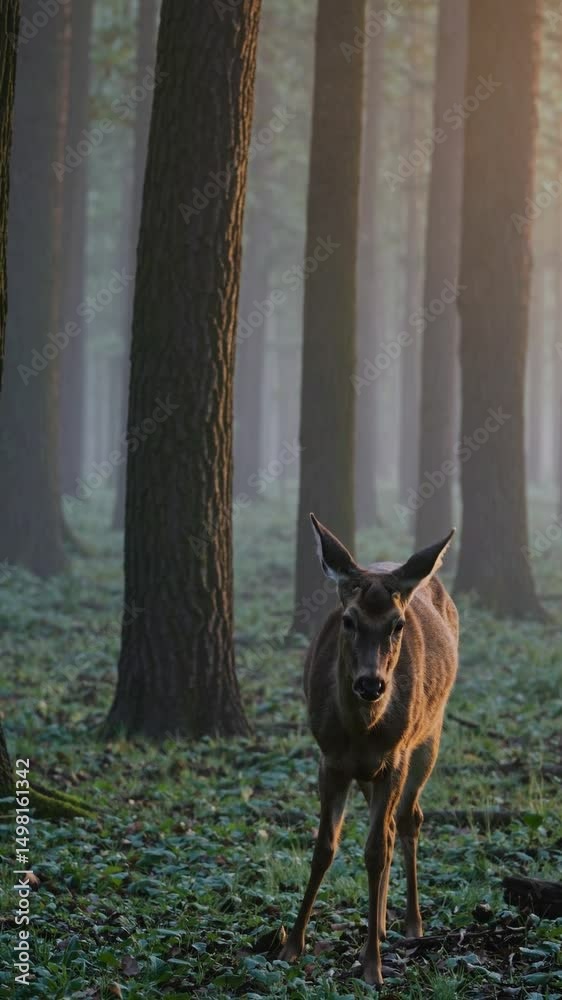 Cerf attentif dans une forêt brumeuse au lever du jour

