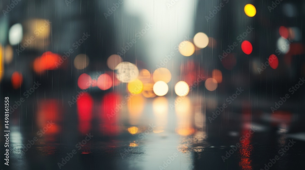 Fototapeta premium Blurry Cityscape at Night with Raindrops and Colorful Lights