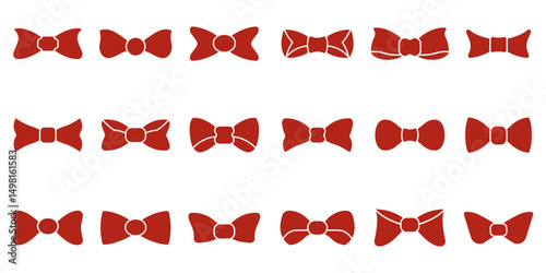 Red Bow Tie Solid Icon Set. Fashion Accessory, Formal Wear, And Style Silhouette Symbol Collection. Elegant And Classic Design Variations. Isolated Vector Illustration