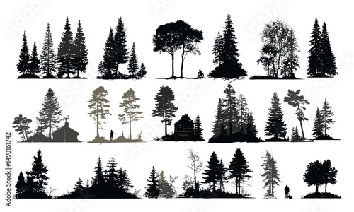 Vector illustration of tree and forest silhouettes, wilderness elements, nature scene creator, woodland shapes, jungle foliage, landscape background, cutout, evergreen, bush, natural scene.