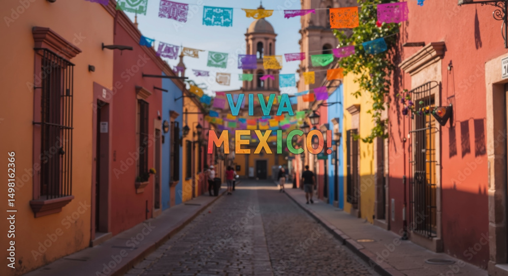 Obraz premium Colorful Mexican street with traditional architecture and papel picado banners. Vibrant colonial buildings with 